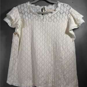 Cupio Embroidered Creme Lace Shirt with Ruffle Sleeves Women's Sz XL